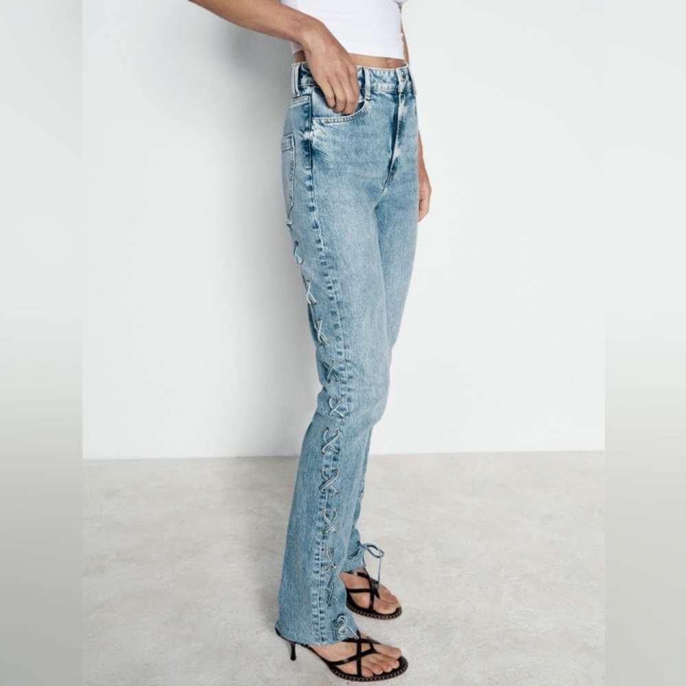 Zara Z1975 Straight Leg Lace Up Side Stretch Jeans 4 Like New